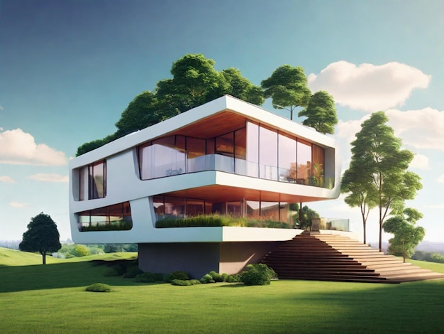 View of 3d graphic house with nature