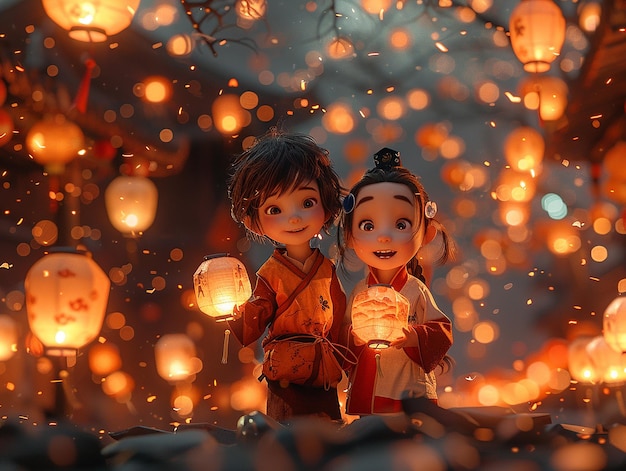 view 3d kids lanterns at night highly detailed