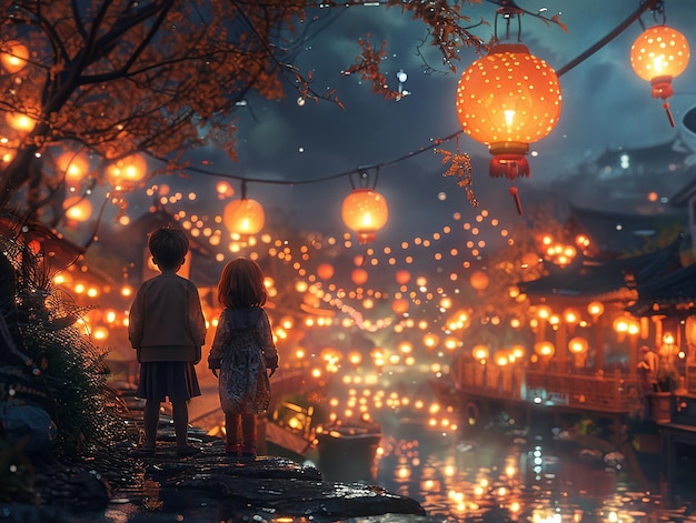 view 3d kids lanterns at night highly detailed