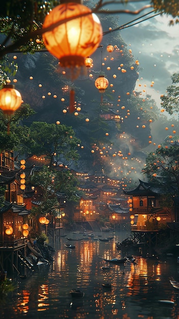 view 3d kids lanterns at night highly detailed