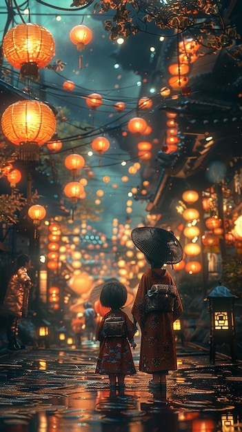 view 3d kids lanterns at night highly detailed