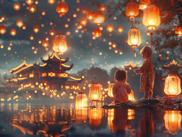 view 3d kids lanterns at night highly detailed