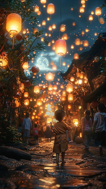 view 3d kids lanterns at night highly detailed