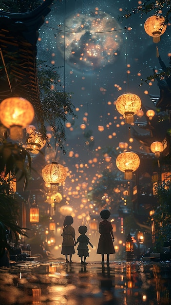 view 3d kids lanterns at night highly detailed