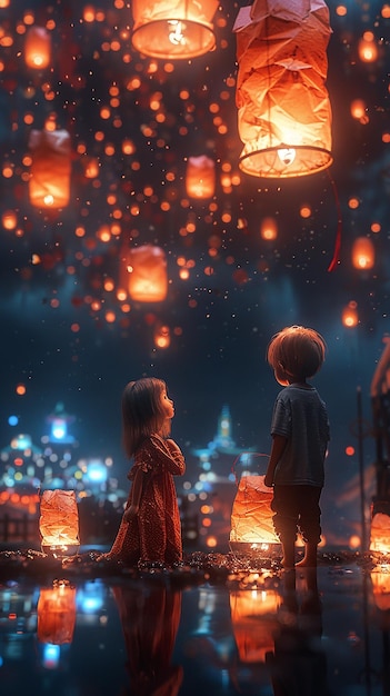 view 3d kids lanterns at night highly detailed