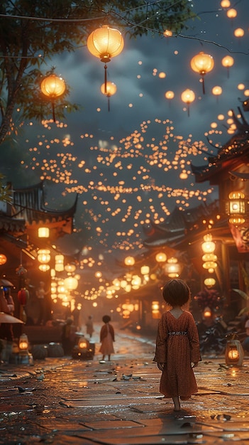 view 3d kids lanterns at night highly detailed