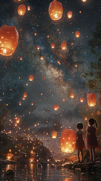 View of 3D kids with lanterns at night highly detailed