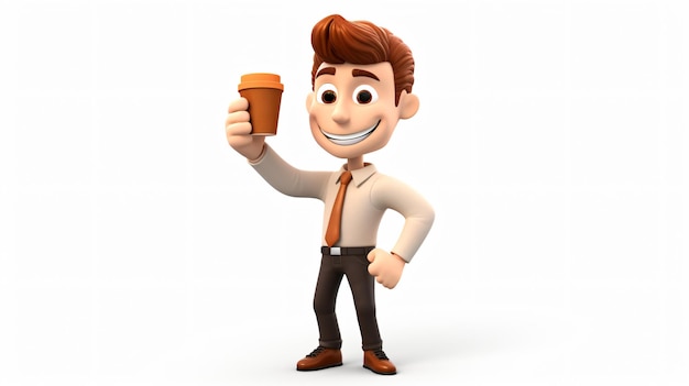 View of 3D man holding coffee cup and showing thumb