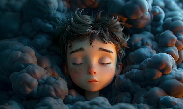 View of 3d person sleeping in clouds little boy sleeping in the clouds