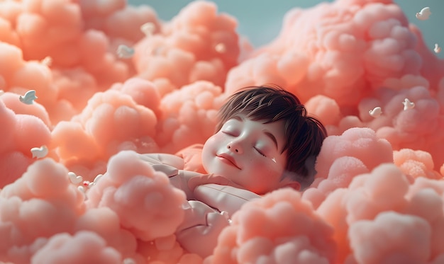 View of 3d person sleeping in clouds little boy sleeping in the clouds