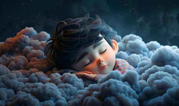 View of 3d person sleeping in clouds little boy sleeping in the clouds