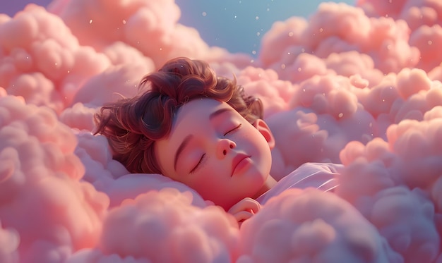 View of 3d person sleeping in clouds little boy sleeping in the clouds