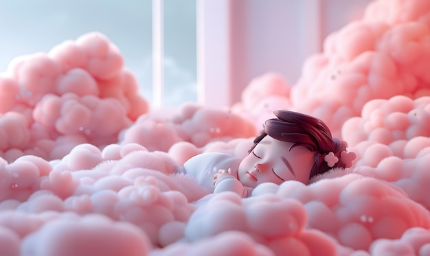 View of 3d person sleeping in clouds little boy sleeping in the clouds