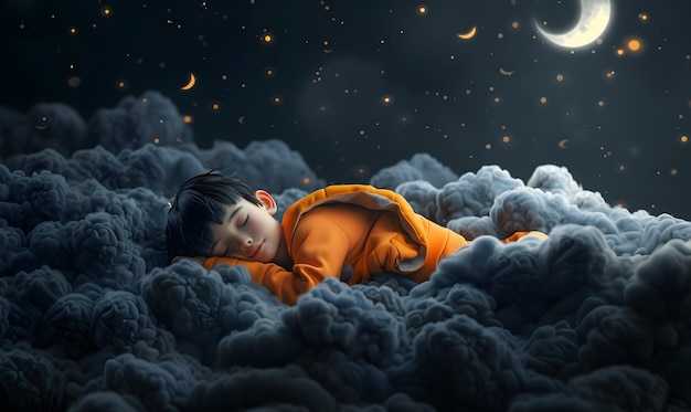 View of 3d person sleeping in clouds little boy sleeping in the clouds