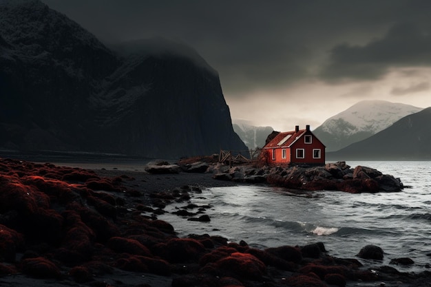 View of abandoned red house sea and moody mountains on island aesthetic look