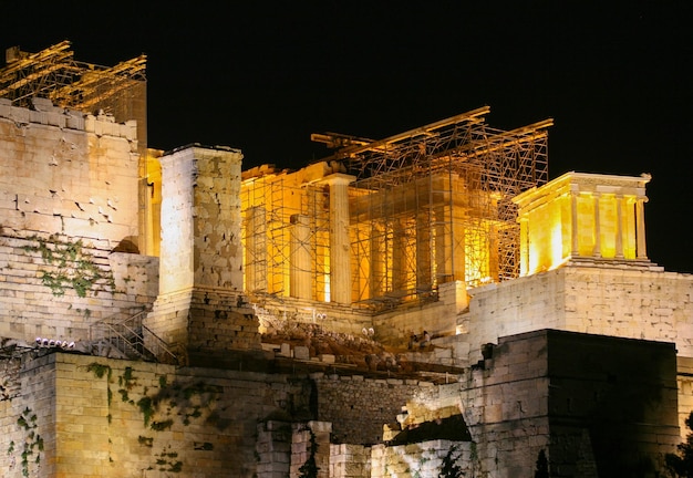 View Acropolis in night light in the city of Athens Greece