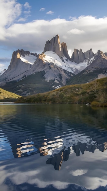 Photo view across lake of patagonia mountains chile