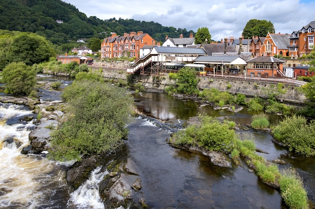 View across the River Dee to the old station in LLangollen, Wales on July 11, 2021