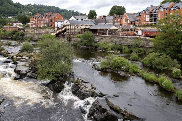 View across the River Dee to the old station in LLangollen, Wales