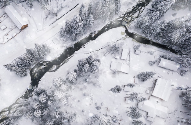 View aerial winter landscape in the beautiful  snow-capped mountains