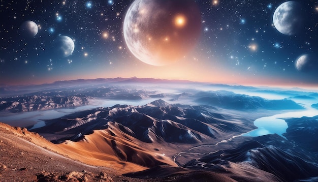 A view of an alien planet from above Stars everywhere with Beatiful moons