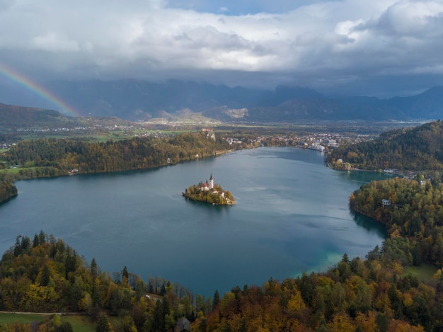 View of the amazing Lake Bled bordered by beautiful forests Slovenia