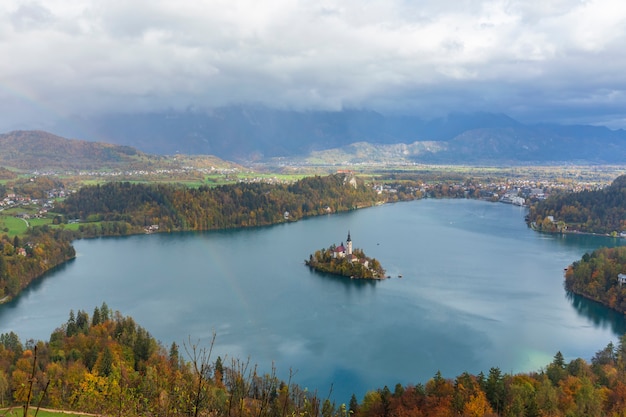 View of the amazing Lake Bled bordered by beautiful forests Slovenia