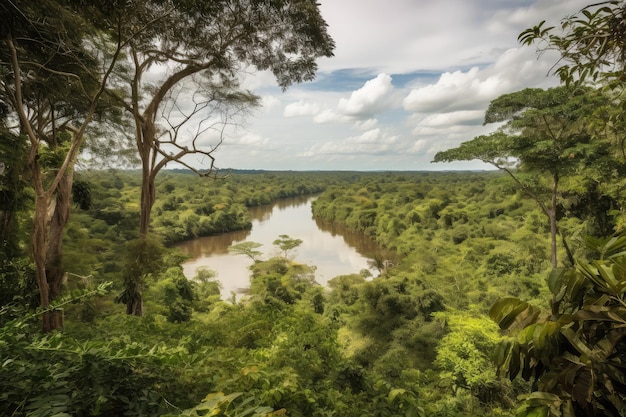 View of amazon river with the canopy and vines of the rainforest in view