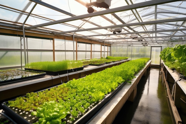 A view of an aquaponics system with plants growing in a greenhouse created with generative ai