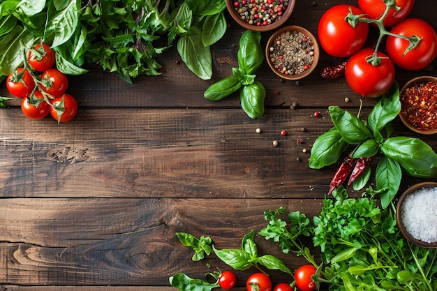 Above view arrangement with healthy food on wooden background