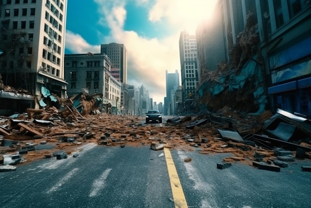 View of an asphalt road in the middle of an urban area with buildings that have collapsed due to natural disasters generative ai