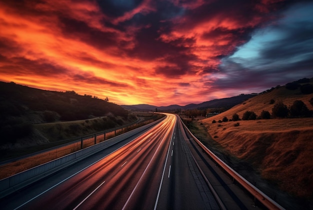 View of asphalt road with beautiful sunset in the evening generative ai