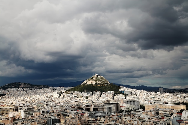 View of Athens, Greece. View of the Lycabettus.Stormy and rainy sky.