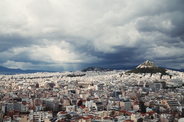 View of Athens, Greece. View of the Lycabettus.Stormy and rainy sky.