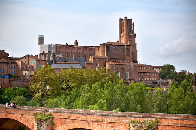 View of the August bridge and The Saint Cecile church in Albi, France. Horizontal shot