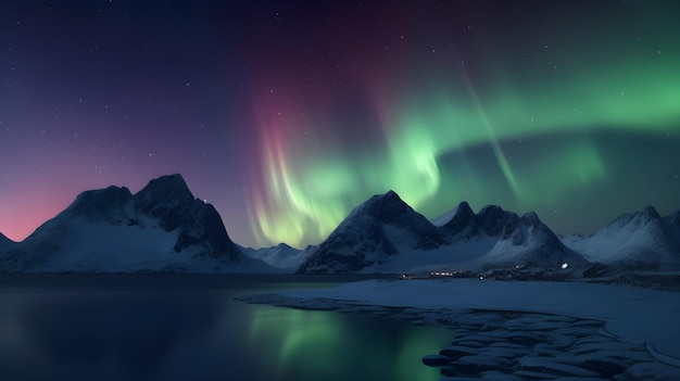 A view of the aurora borealis over a mountain lake