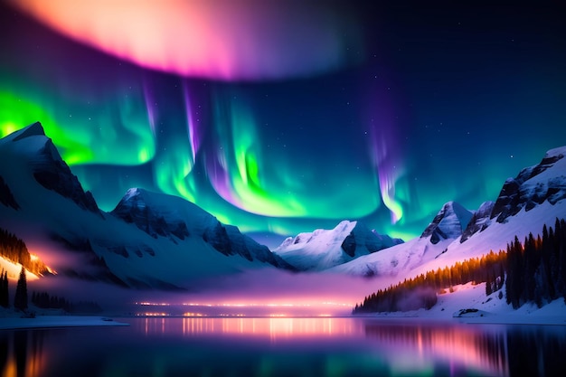 A view of the aurora borealis above a snowy mountain