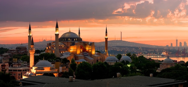 View on Ayasofya museum and cityscape of Istanbul at sunrise, Turkey