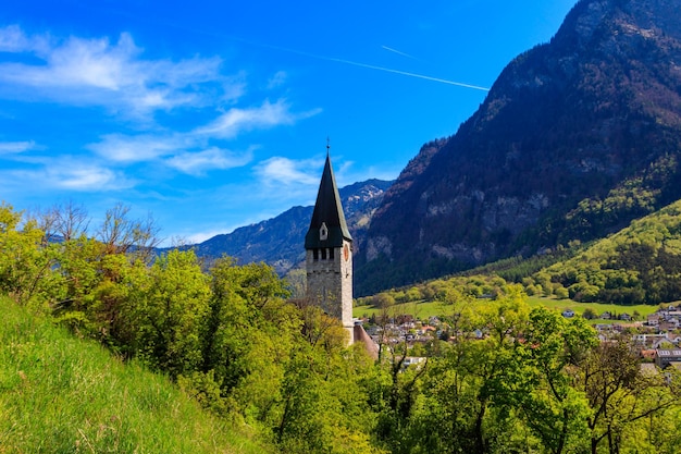 View of Balzers town with Saint Nicholas church in Liechtenstein