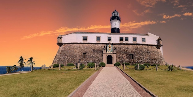 View of Barra Lighthouse Famous postcard of Salvador city Bahia Brazil