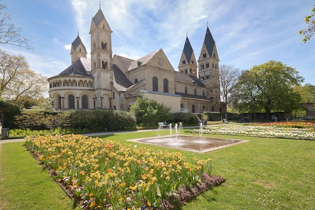 View of the Basilica of St Castor and its gardens in Cologne Germany