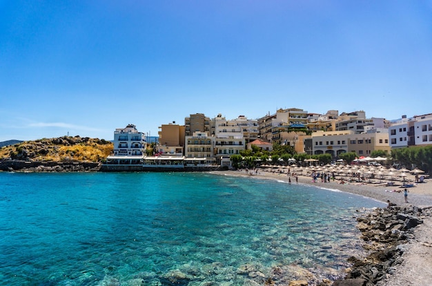 View of the bay of the village of Agios Nikolaos on the island of Crete Greece