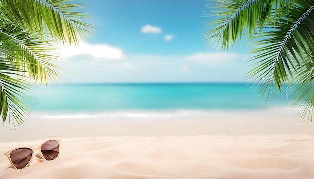 View of the beach during the day with sand and typical coconut tree leaves and glasses tropical