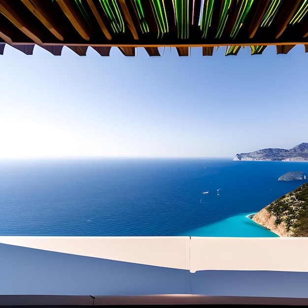 A view of a beach from a balcony with a blue sky and a green light.