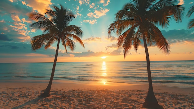 A view of a beach and ocean at sunset with palm trees in the foreground