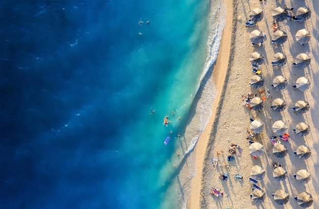 View on beach and waves Vacation and adventure Landscape from drone on blue sea Travel and vacation Natural seascape at the summer time