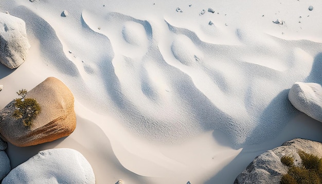 Photo view of the beach with coral rocks and clean white sand