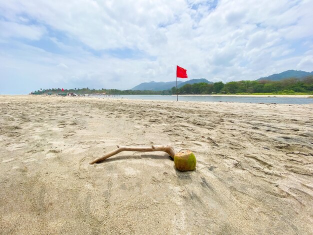 View of a beach with a red danger flag