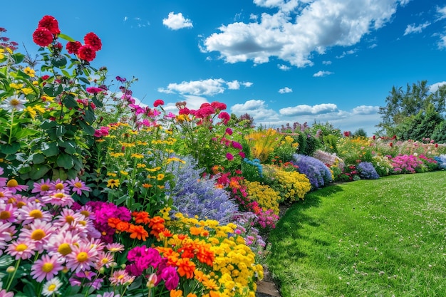 Photo view of a beautiful flower garden with various colors and blue sky