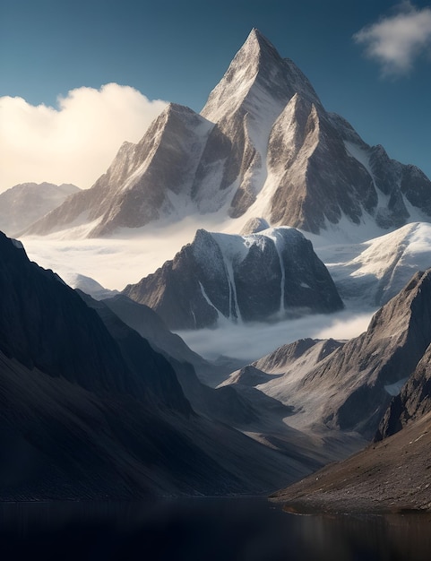 View of a beautiful landscape with snow capped mountains and a lake